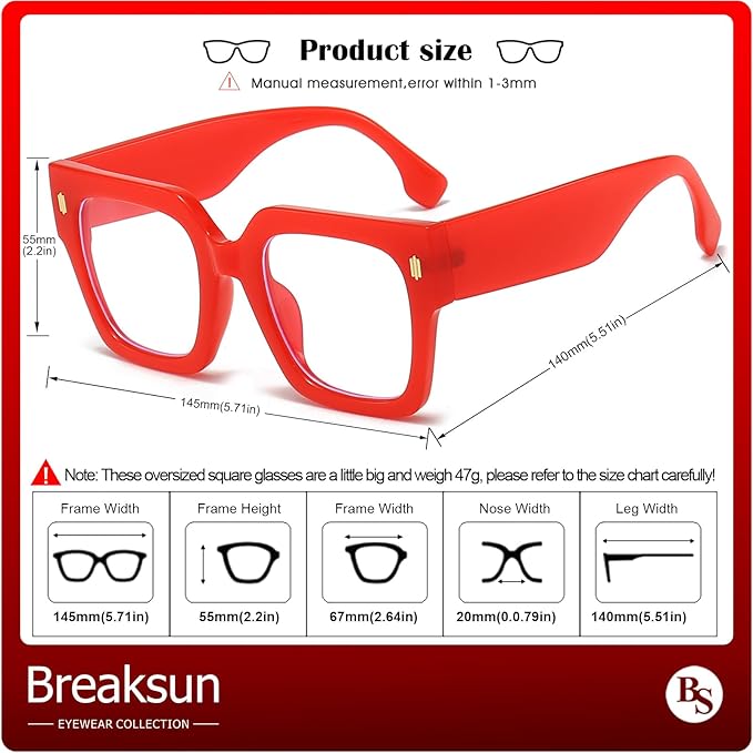 Breaksun Fashion Oversized Blue Light Blocking Glasses for Women Men Trendy Big Square Frame Computer Eyeglasses