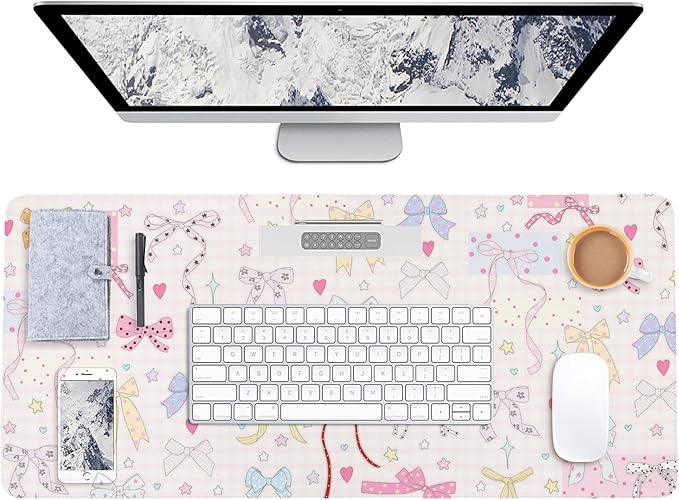 AUPET Leather Desk Pad Blotter Mat, Large Mouse Pad, Non-Slip Waterproof Desk Writing Pad Protector, Desk Decor for Office，Home，Gaming (Cute Ribbon, 35.4X15.7 inch)