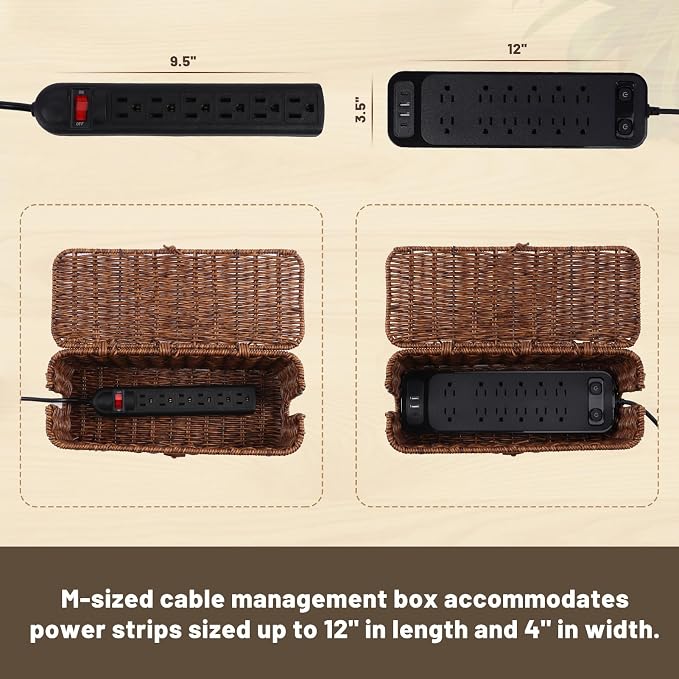 BROWNLILY Cable Management Box, Rattan Style Cord Organizer for Desk Cord Hider Outlet Covers Baby Proofing for Power Strip TV PC Router Charger Under Desk Storage with Lockable Lid and Cable Ties - Image 4