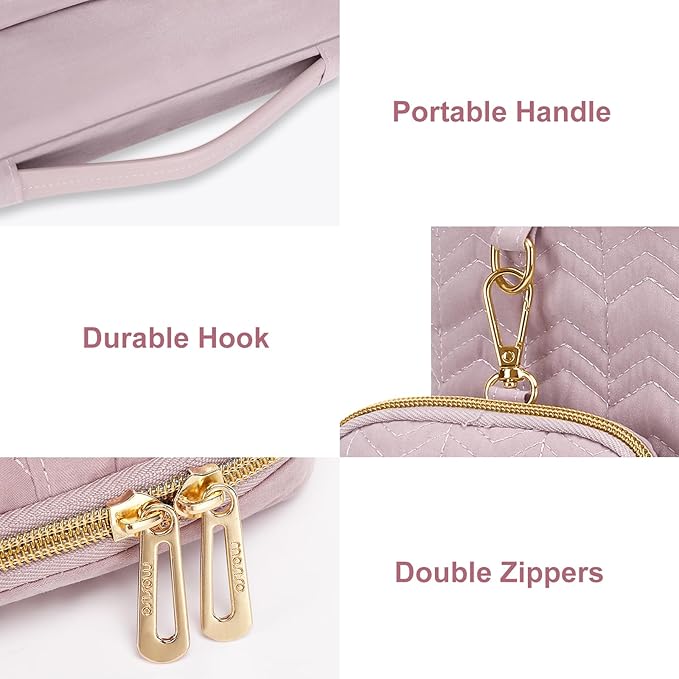 MOSISO 360 Protective Laptop Sleeve 13-13.3 inch, Compatible with MacBook Air 13 M2 M1, Compatible with MacBook Pro 13/14, Wavy Quilted Side Open Bag with Horizontal Pockets&Small Case, Pink