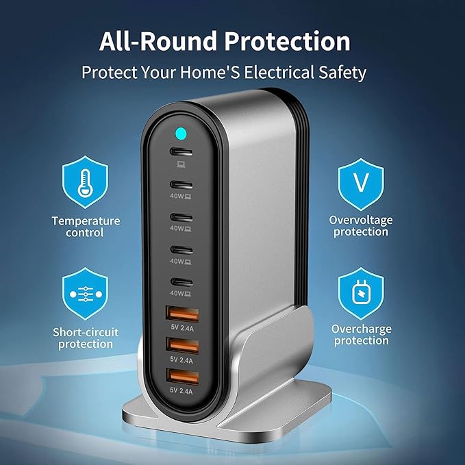 USB C Fast Charger - 285W GaN 8 Port Fast Charging Station Tower Hub: Type C Charger Block Power Strip Adapter Plug for MacBook iPad iPhone 17/16/15/14/13/12 Pro Max Samsung Galaxy & More Smartphones