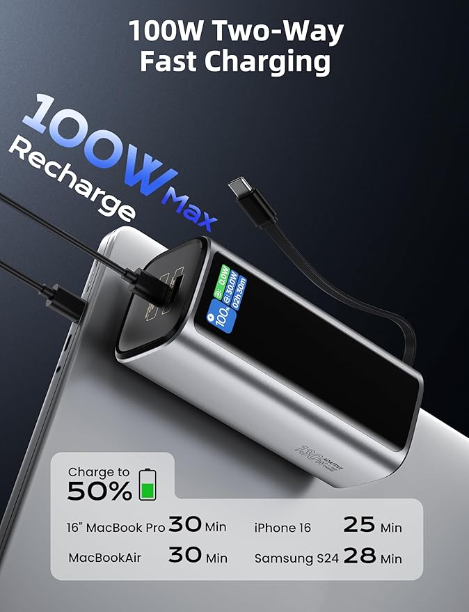 Laptop Power Bank, 130W Portable Charger with Dual Ports & Built-in Retractable Cable, 20000mAh Portable Power Bank with Smart Digital Display, for iPhone 17/16/15 Pro/Pro Max Series, MacBook, Silver