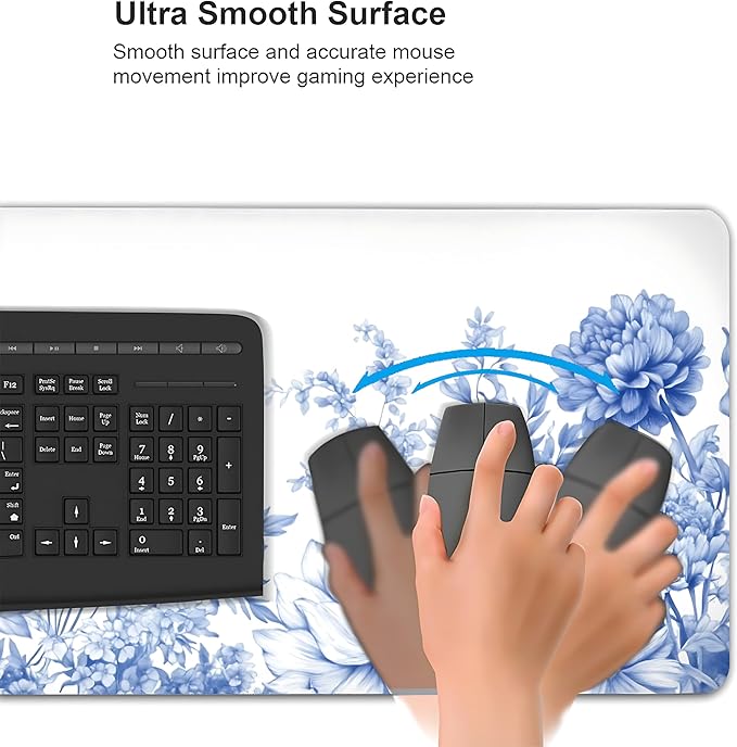 Floral Aesthetic Lotus Gaming Mouse Pad, White Blue Chinoiserie Desk Mat with Anti-Slip Base & Stitched Edges,35.4" x 15.7" in Table Mat for Computer Desktop, Beautiful Workstation Decor