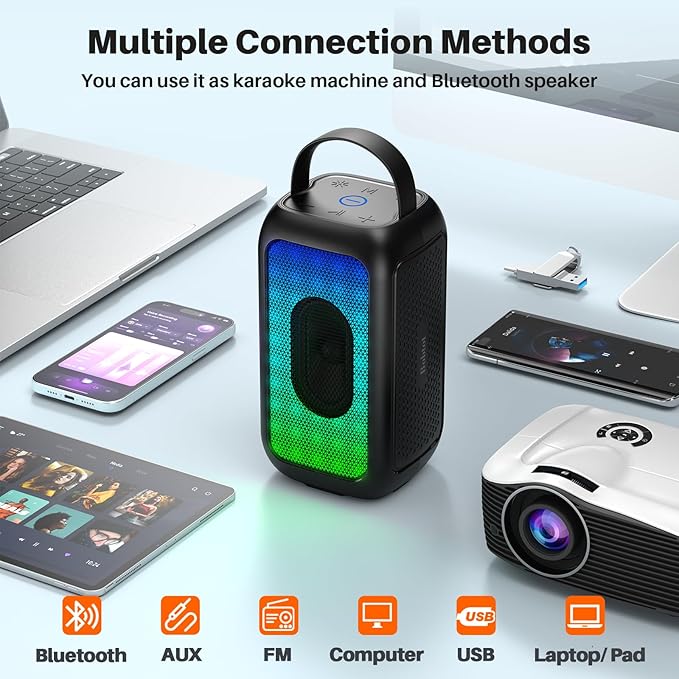 Bobtot Portable Bluetooth Speaker, 16H Playtime Wireless Speakers, Peak Singing Machine with 2 Microphones, Magic Sound, Echo, EQ Mode (Black, with 2 Mics)