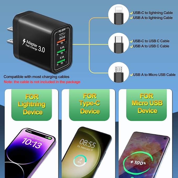 40W QC3.0 USB C Wall Charger, CARZONJX 4 Port PD+QC Power Adapter Fast Charging Blocks USB C Brick Multiport Cube for iPhone 15 14 13 12 11 XS XR X 8, iPad, Galaxy, Tablet, Notebook