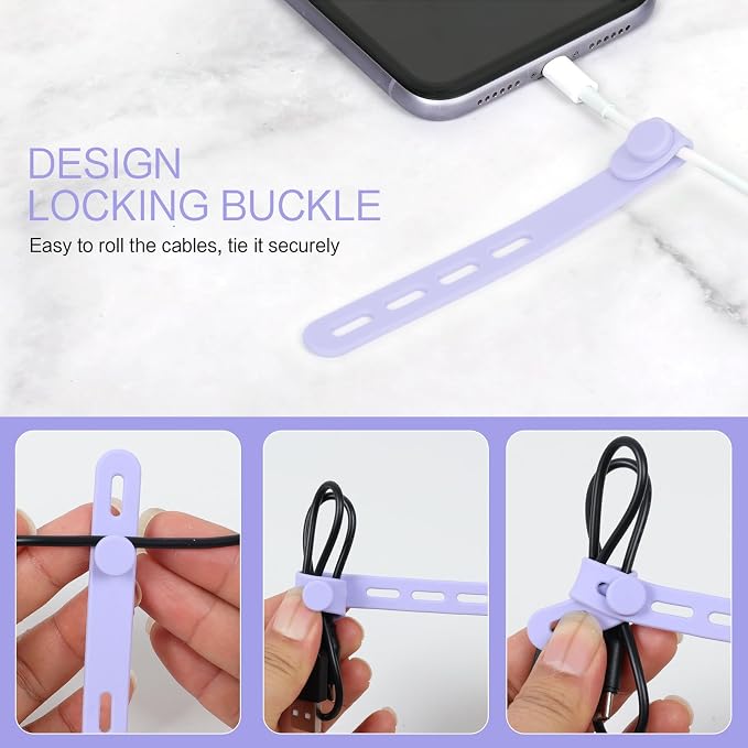 Donruby 24Pcs Silicone Cable Ties - Reusable & Washable with Locking Buckles, Adjustable Fastening Cable Management Straps, Multi-Purpose High Elasticity Cord Organizer (Purple) - Image 5