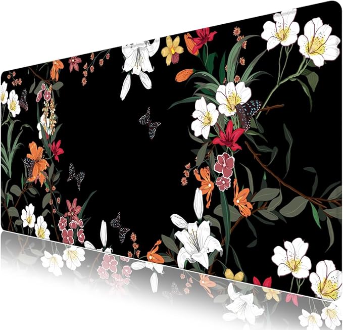 Desk Matt for Desktop, Desk Pad Mat, Desk Mat for Keyboard and Mouse, Large Mouse Pad for Desk, Anti-Slip Big Mousepad with Stitched Edges, Mouse Mat for Computer Laptop, Blooming Lilies Flowers