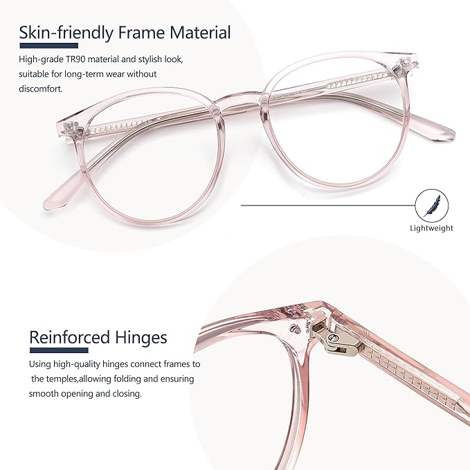 Blue Light Blocking Glasses for Women and Men, Round Frame Computer Gaming Anti Eyestrain & UV Glare RF6213 (Flesh Pink)