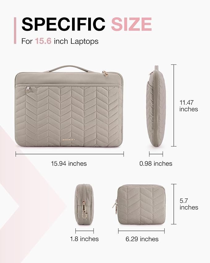 BAGSMART Laptop Case with Handle, Puffy Padded Laptop Bag Sleeve for Women, Portable MacBook Air/Pro Computer Case, 15-16 inch, Warm Gray