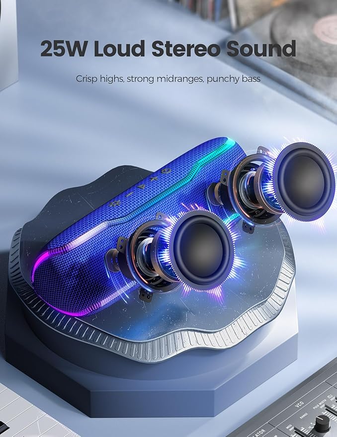 ERKEI SEHN Bluetooth Speaker, IPX7 Waterproof Wireless Speakers, Flashing Light, 25W Super Bass, 24H Playtime, Birthday Valentines Gifts for Him/Men, TWS Pairing, Beach Vacation Essentials, Blue
