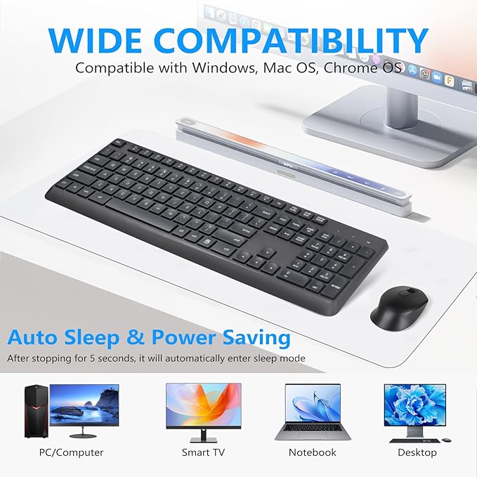 HUO JI Silent Wireless Keyboard and Mouse Combo, 2.4G Full-Size Thin Computer Keyboard Set, Quiet and Soft Ergonomic Wireless Keyboard Mouse for Windows, Laptop/PC/PS/Mac Desktop, Black