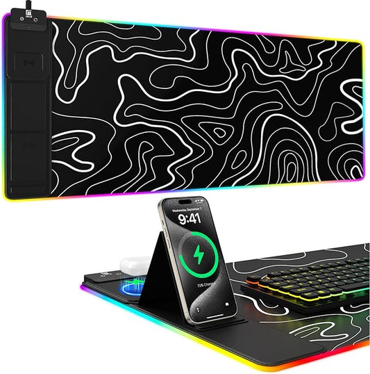 Mouse Pad with Foldable Phone Holder, Wireless Charging Desk Mat, RGB Gaming Mousepad Large Desk Pad with Non-Slip Base, Waterproof Keyboard Pad, Classic Black (XXL Stand Topographic)