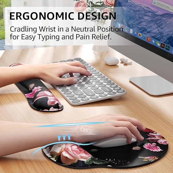 KTRIO Ergonomic Keyboard Wrist Rest and Mouse Pad with Wrist Rest Set, Memory Foam Wrist Support for Typing, Gaming, Office and Home Use, Pale Pink, Peony Flower
