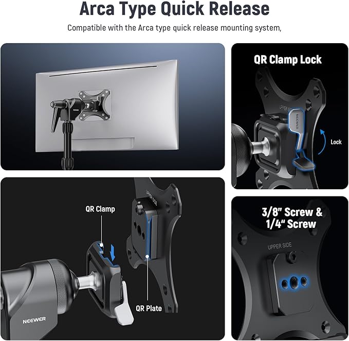 NEEWER VESA Monitor Mount Adapter with Arca Type Quick Release, 360° Rotatable Ball Head, M4 Screw & 5/8" Receiver Light Stand Adapter for TV Screen, Field Monitor, C Stand, Max Load: 44lb/20kg, MA016