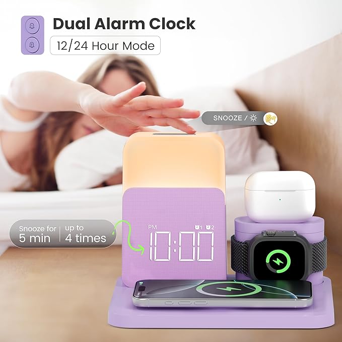 7 in 1 Charging Station for iPhone, Wireless Charging Station, Alarm Clock, Night Light, Wireless Charger for iPhone 17 16 15 14 13 12 Pro Max & Apple Watch - Charging Stand Dock for AirPods(Purple)