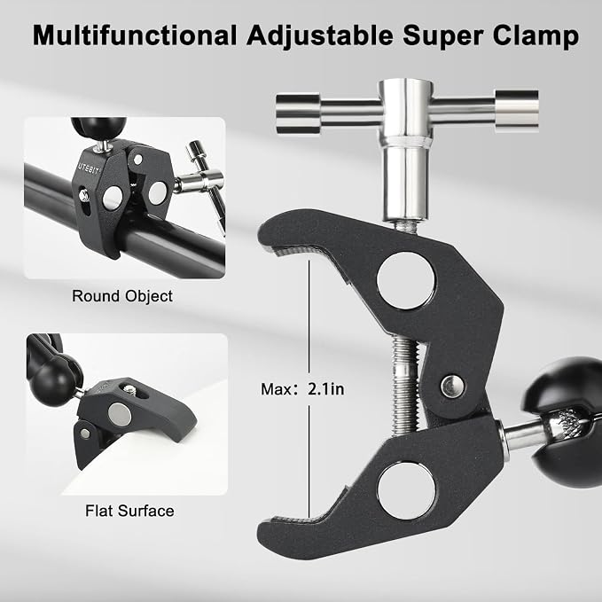 UTEBIT Super Clamp Camera Mount with 360?? Ballhead Magic Arm, Super Clamp Mount with 1/4" and 3/8" Thread, Desk/Bike/Bicycle/Motorcycle/Handlebar for GoPro, Phone, Camera, Monitor, LED Light - Image 3