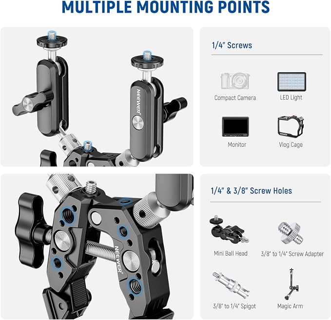 NEEWER Heavy Duty Super Clamp with Two 360° Dual Ball Head Magic Arms, 1/4" 3/8" Screw Threads, Phone & Action Camera Mount Adapter for Flat/Round Surface Compatible with GoPro DJI Insta360 DSLR - Image 6