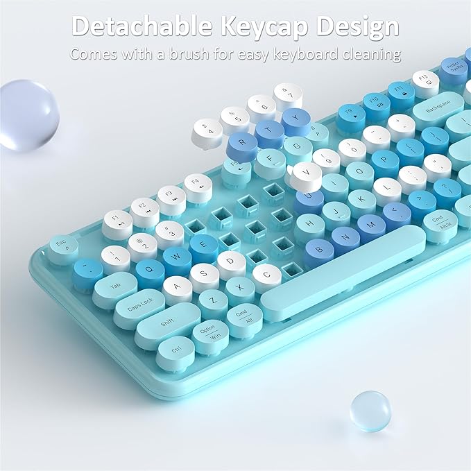 Wireless Keyboard and Mouse, Full-Size Retro Typewriter Keyboard with Round Keycaps, 2.4GHz for Windows, Mac, Laptop, PC, Desktop (Blue Colorful)
