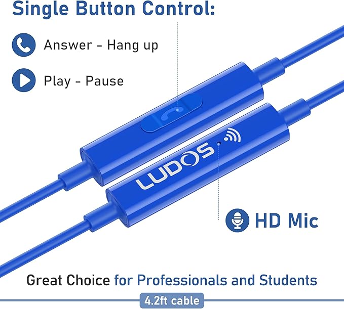 LUDOS FEROX Wired Earbuds in-Ear Headphones, 5 Year Warranty, Earphones with Microphone, Noise Isolation Corded for 3.5mm Jack Ear Buds for iPhone, Samsung, Laptop, Kids, School Students - Blue