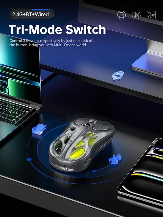 Gaming Wireless Mouse, Tri-Mode (2.4G/Bluetooth/Wired), 4800 DPI, 1000Hz Ergonomic Hollow RGB Rechargeable Type-C for Mac/Laptop/iPad/Office - Gray