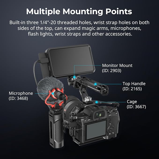 SMALLRIG Mini Camera Side Handle with NATO and 1/4"-20 Screws Installation Options, for Left and Right Hand, with 1/4"-20 Threaded Holes, Wrist Strap Holes, Cold Shoe, Up and Down Adjustable - Image 6