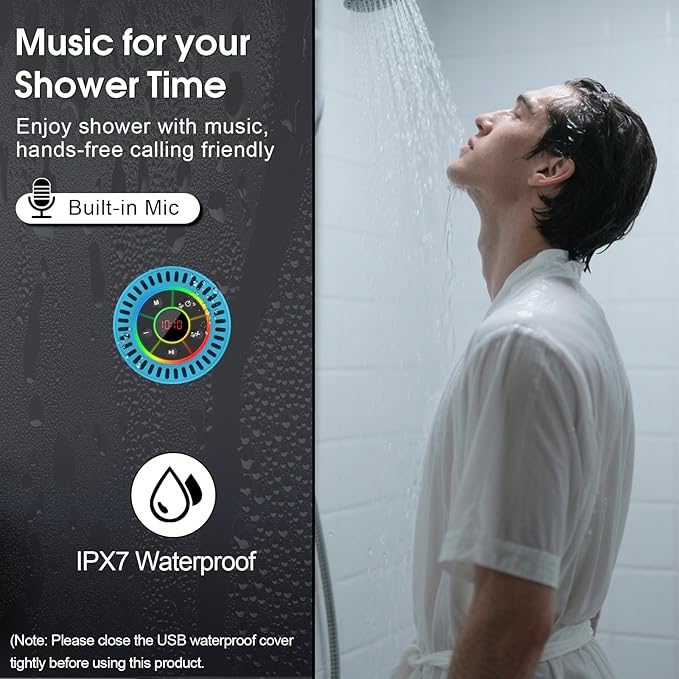 Bluetooth Speaker, Shower Speaker IPX7 Waterproof, Speakers Bluetooth Wireless with Rich Bass, Portable Speaker with LED Light, Suction Cup,8H Playtime, for Bathroom Party Beach, Ideal Gifts, Blue
