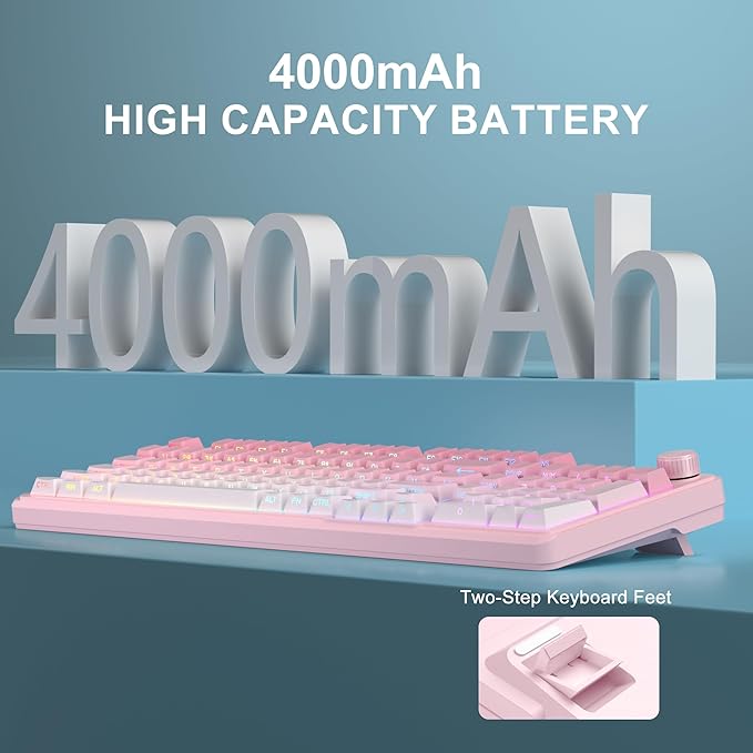 MageGee GK960 Wireless Gaming Keyboard, RGB Tri-Mode Wired/BT/2.4G Creamy Keyboard with Number Pad, 4000mAh Battery, Knob Control, Side Printed Keycaps, 19-Key Anti-Ghosting for Win/Mac (Pink & White)
