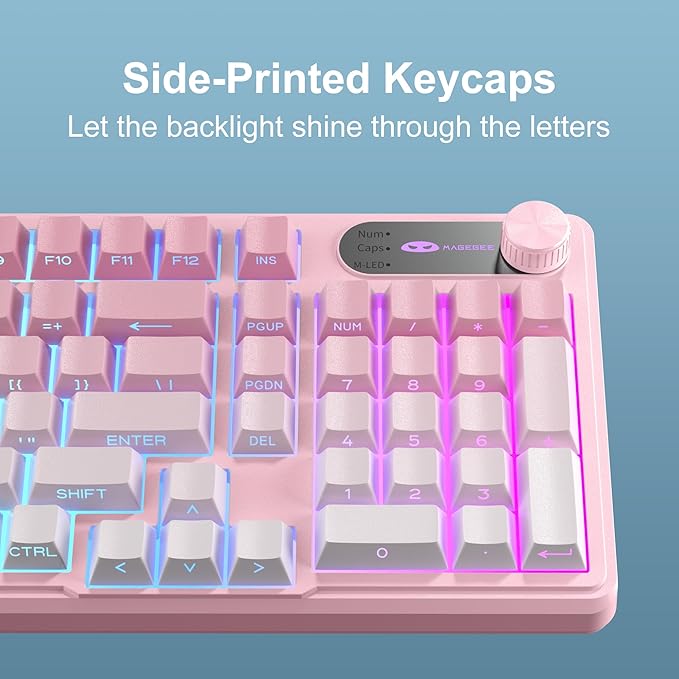 MageGee GK960 Wireless Gaming Keyboard, RGB Tri-Mode Wired/BT/2.4G Creamy Keyboard with Number Pad, 4000mAh Battery, Knob Control, Side Printed Keycaps, 19-Key Anti-Ghosting for Win/Mac (Pink & White)