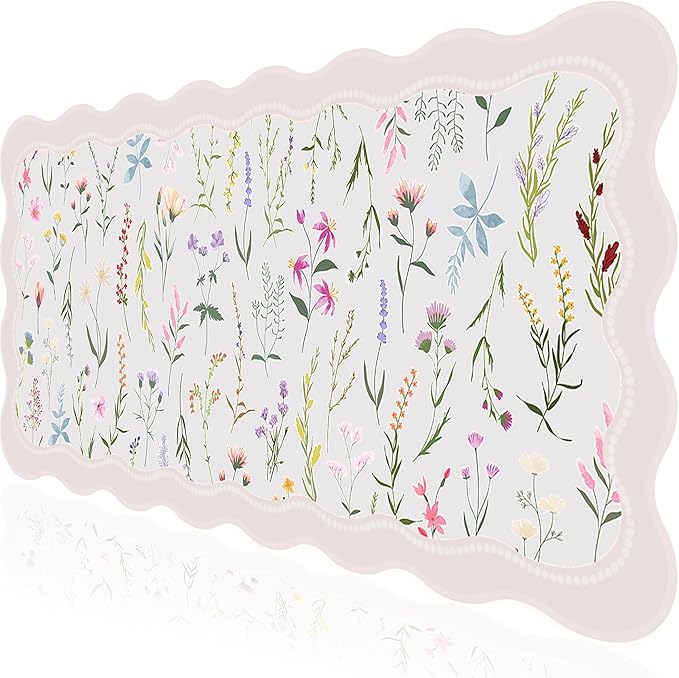 L-SPOUTTO Floral Mouse Pad,Botanical Desk Mat XXL Large Scalloped Gaming Mousepad,35.4x15.7in Non-Slip Keyboard Pad Waterproof Desktop Mat for Laptop Computer Work Game Home Office-Wild Flowers