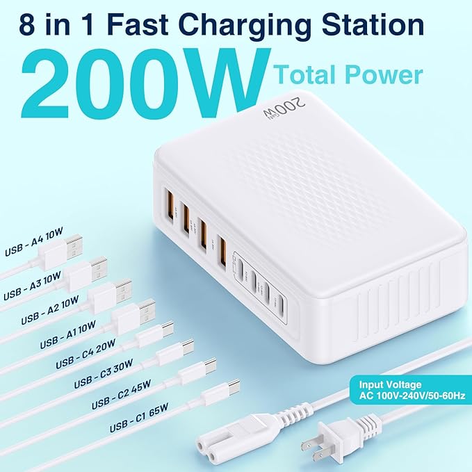 200W GaN III USB C Charging Station, 8-Port (4C+4A) Fast Charger Hub, Universal Wall Charger Block for iPhone 17/16/15/14 Pro Max, iPad, Samsung Galaxy Note, Pixel, Laptops & More