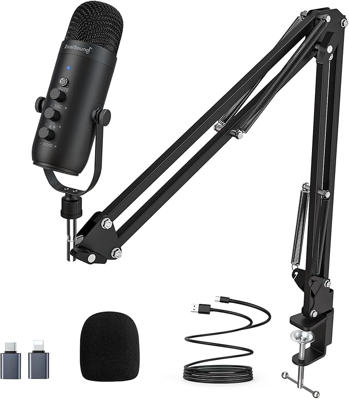 ZealSound Gaming Microphone for PC, USB Podcast Microphone with Noise Reduction, Mute & Gain Control, Zero-Latency Monitoring, Echo Control, Boom Arm, for Mac, iPhone, Stream, YouTube, TikTok, Discord