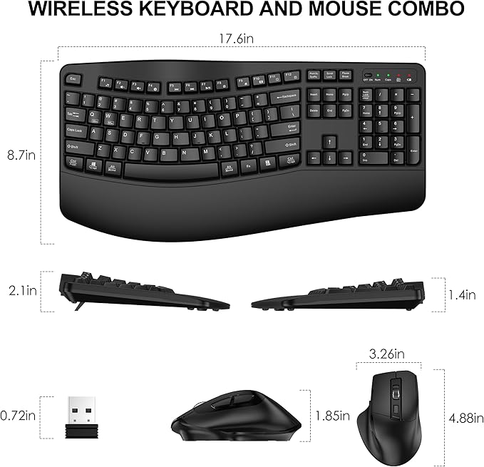 Wireless Keyboard and Mouse Combo, 2.4G Full Size Wave Keys Ergonomic Keyboard with Wrist Rest and 3-Level DPI Adjustable Wireless Ergonomic Mouse for Windows, Mac OS Desktop/Laptop/PC(Black)