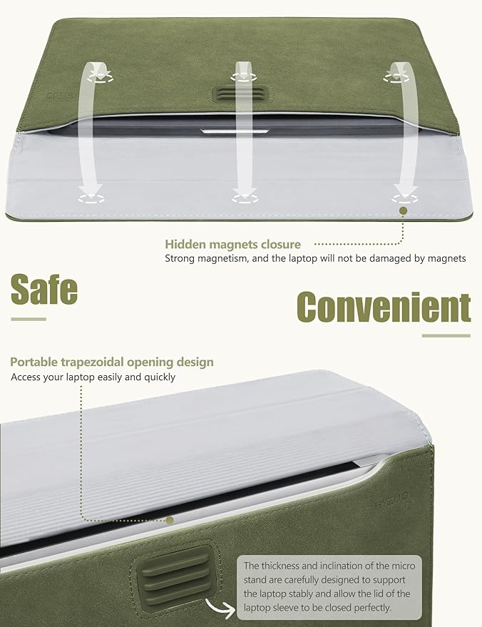 HYZUO 15 Inch Laptop Sleeve Case Bag with Adjustable Stand Feature for MacBook Air 15 M5 A3448 M4 A3241 M3 A3114 M2 A2941 2026-2023, MacBook Pro 15, 15" Surface Laptop 7/6/5/4, Olive Green