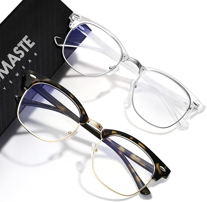 Blue Light Blocking Glasses Vintage Half Frame UV Clear Lens Anti Eyestrain Computer Gaming Glasses for Women Men (G05-crystal Silver+green leopard Gold)