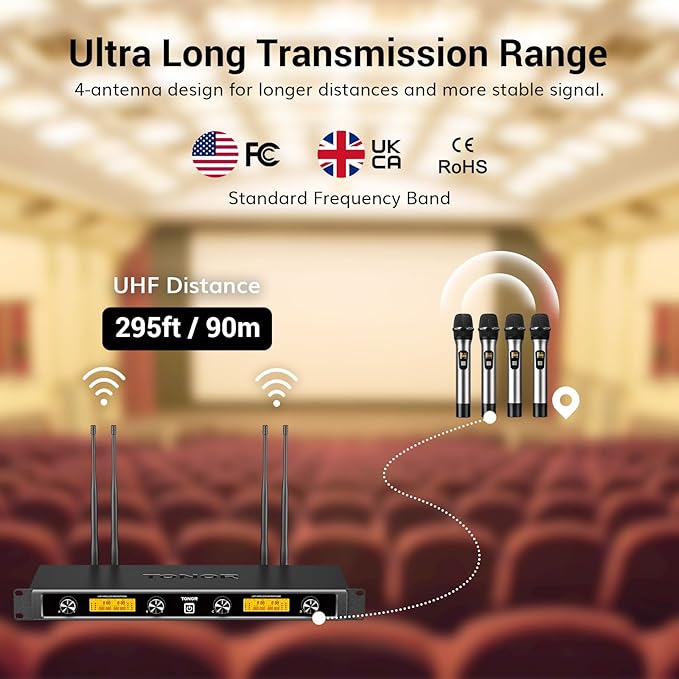 TONOR Wireless Microphones System, 4x5 Channel UHF Wireless Mic, 4 Handheld Adjustable Frequency Metal Cordless Dynamic Mic, Multiset Operation, 90 m Ideal for Karaoke Singing Wedding Church, Silver