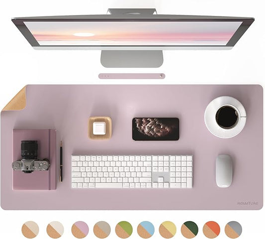 RENMTURE Dual-Sided Large Desk Pad, Faux Leather Natural Cork Mouse pad, Desk Accessories Protector, for Office and Home Work (Dusky Pink, 36"x17")