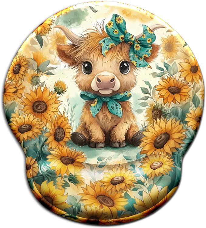 Mouse Pad with Wrist Rest, Highland Cow Sunflower Ergonomic Mousepad Wrist Support for Desk, Cute Bow Animial Gaming Mouse Pads for Wireless Mouse Computer Work Home Desk Accessories Office Supplies
