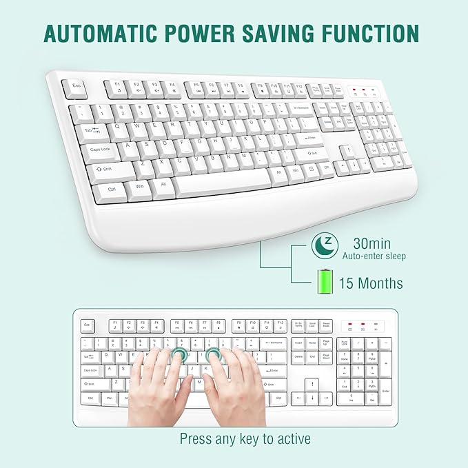 EDJO Wireless Keyboard, 2.4G Ergonomic Full Size Wireless Computer Keyboard with Wrist Rest for Windows, Mac OS Desktop/Laptop/PC White