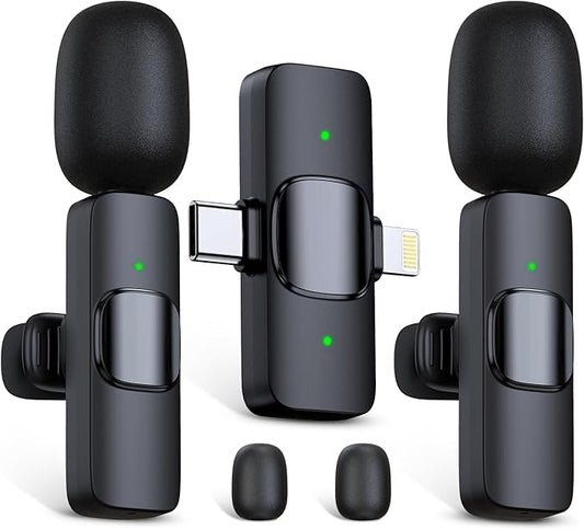 RICCHI Wireless Microphone for iPhone, iPad and Android Phone, 2pcs Professional Mini Microphone Plug-Play Clip on Mics for Vlogging, YouTube, Interview, Live Streaming