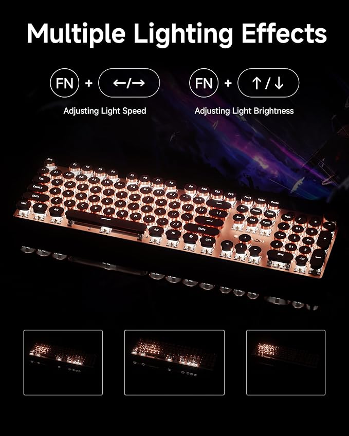 EWEADN V20 Typewriter Keyboard Wireless, 104 Keys Typewriter Style Mechanical with White Backlit, Media Knob, Pink Switch 2.4G/Bluetooth/USB-C Wired Retro Full Size Keyboard for Windows/Mac/PC-Pink
