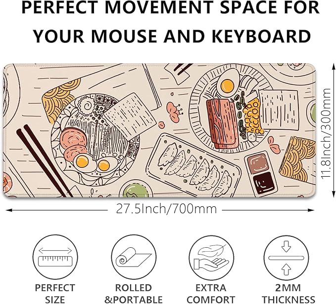 Japanese Ramen Sushi Food Desktop Mouse Pad Desk Pad,Mouse Mat for Desk Mat with Keyboard and Mouse,Gaming Mouse Pads Mousepad for Office Home Work(27.5X11.8 in)