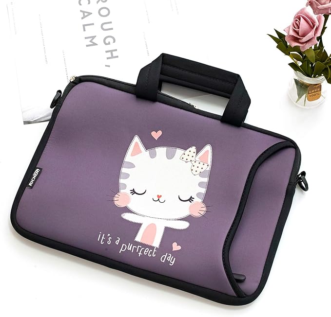 RICHEN 10 inch Messenger Bag Carrying Case Sleeve with Handle Accessory Pocket Fits 7 to 10-Inch Laptops/Notebook/ebooks/Kids Tablet/Pad (7-10.2 inch, Cute Cat)