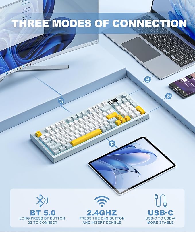 Wireless Keyboard Creamy Membrane with Rainbow Backlight,3-Mode Connectivity (BT/2.4G/USB-C) with LCD Screen & Multifunction Knob,200H Battery, 94 Key PBT Keycaps, Quiet Typing for Office/Home/Gaming