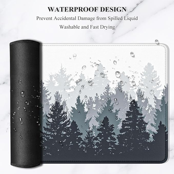 Auhoahsil Large Gaming Mouse Pad, Forest Theme XXL 35.4 x 15.7 in Desk Pad Stitched Non-Slip Rubber Long Computer Mousepad Thin Extended Full Size Desk Mat for Desktop, Laptop, Wireless Mice, White