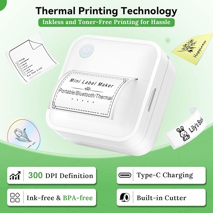 Label Maker Machine with Tape - Mini Sticker Printer Bluetooth Label Printer for Home Office Organization, Portable Thermal Sticker Maker Print Pod with Multiple Templates for Phone(White)