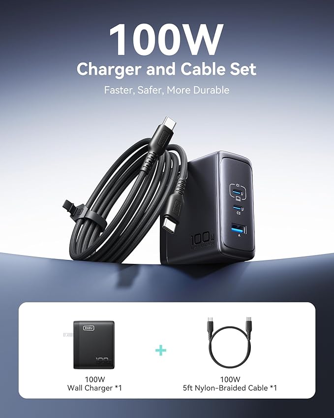 INIU for MacBook Pro Charger, 100W GaN Tech Fast Charging, 3-Port Compact Foldable Charger with USB C Cable, Power Adapter for Mac Book, iPhone 17, Samsung S25, Switch, Photographers, Outdoor, Travel