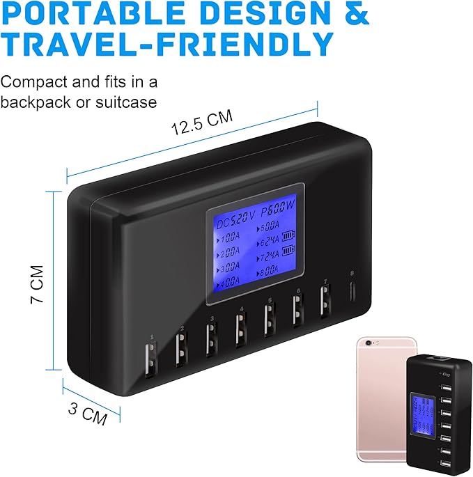 60W 12A 8-Port USB Charging Station - Multi Port USB Hub Charger - Compact Size LCD Display - Compatible with iPhone iPad Samsung Kindle Tablet Bluetooth Earbuds and More
