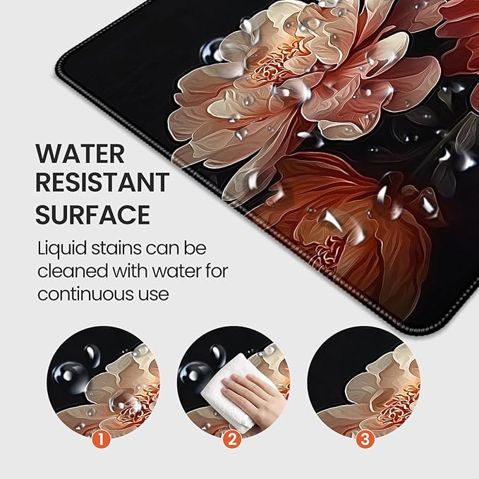 Extended Mouse Pad, Elegant Peony Floral Design, 35.4 x 15.7 Inch, Microfiber Surface, Non-Slip Base, Waterproof, Black with Coral and Cream Flowers