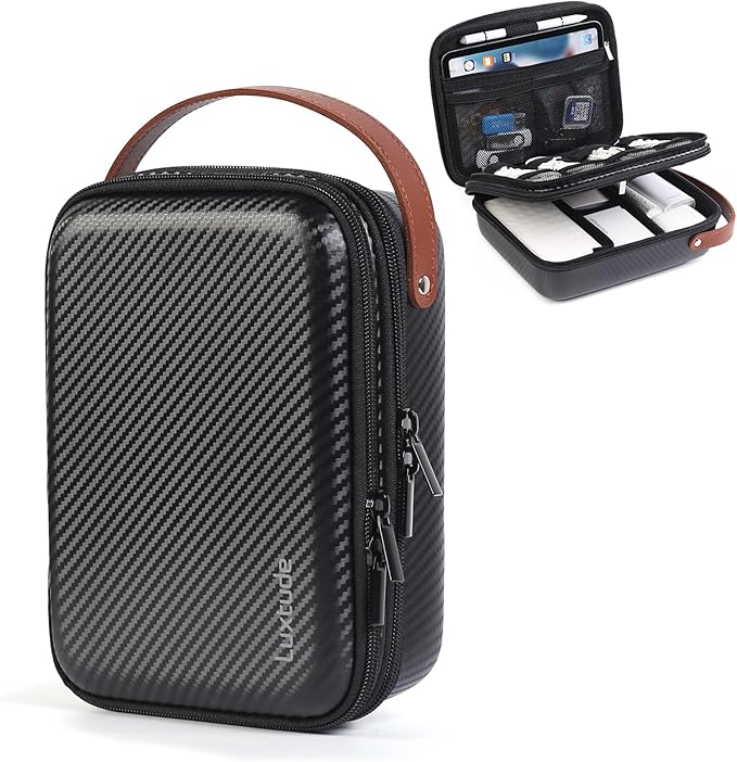 Luxtude Electronics Organizer Travel Case for Chargers and Cords, Hard and Portable Tech Bag, Travel Essentials for Chargers/Mouse/USB Drives/SD Cards, Tech Gifts (Black-Double Layer, Medium)