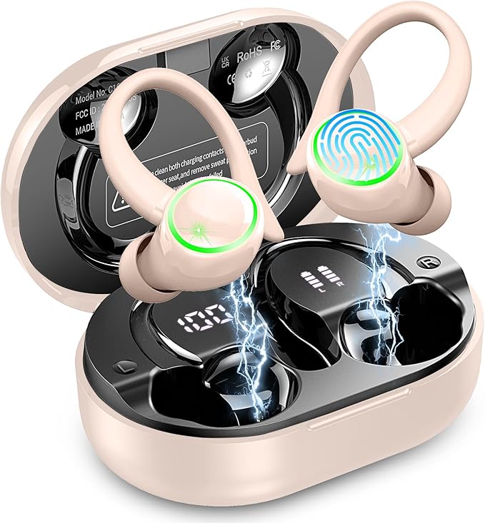 Wireless Earbuds, Bluetooth 5.4 Headphones Sports, 50H Playback Over-Ear buds with ENC Noise Cancelling Mic, Deep Bass Fitness Earphones with Earhooks, IP7 Waterproof Headset for Running Workout Pink